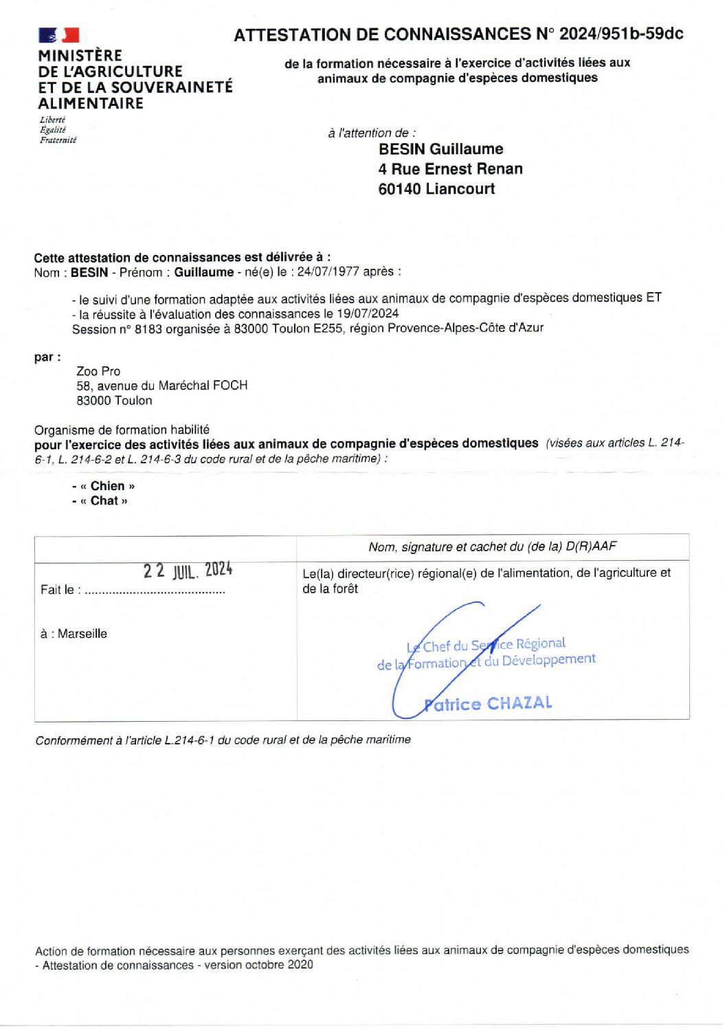 Attestation de conaissances ACACED